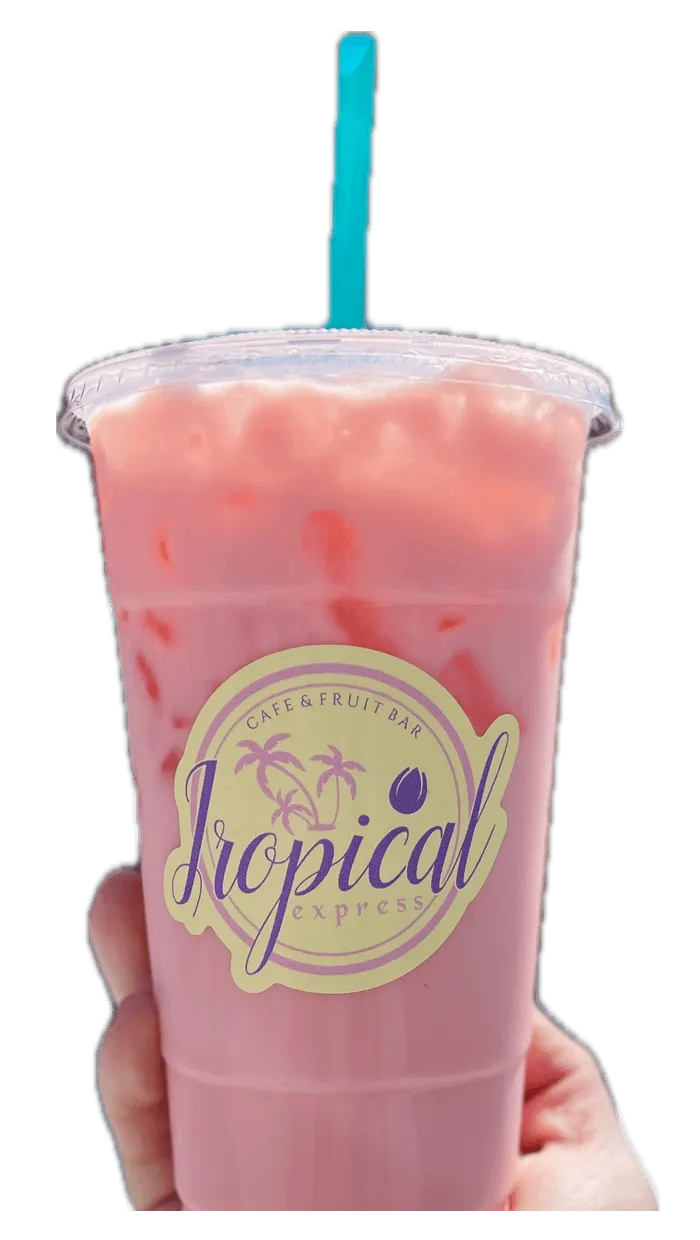 A hand holding a Tropical Express cup of Berry Bliss — a creamy pink-purple blackberry, raspberry and peach drink with half-and-half