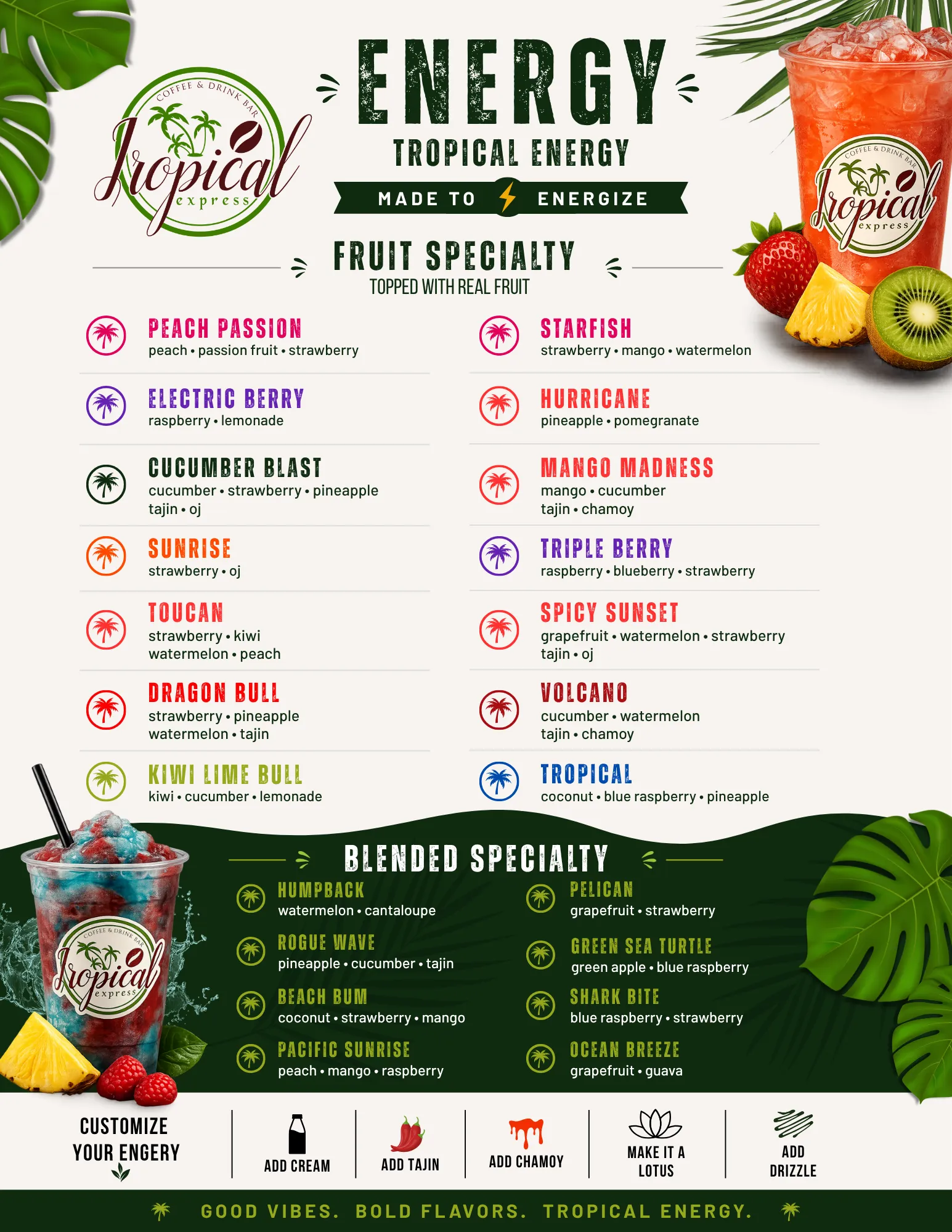The printed Tropical Express energy drink menu board: Fruit Specialty and Blended Specialty drinks with their fruit combinations, plus customization options, shown with photos of a red fruit energy drink and a layered blended drink