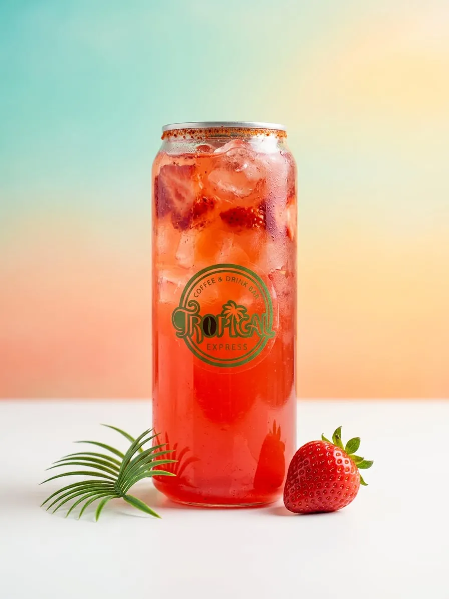 A sealed clear Tropical Express can of strawberry refresher over ice — the palm-tree logo printed on the front — styled with a palm leaf and a fresh strawberry