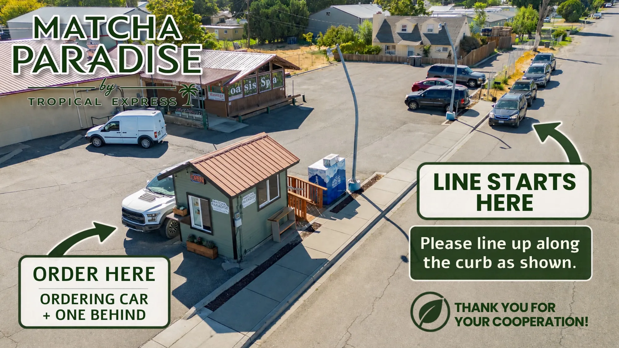 Aerial view of the Matcha Paradise stand on W Clearwater Ave, showing where to order (two cars at the shop) and where the line starts along the curb so neighboring entrances stay clear