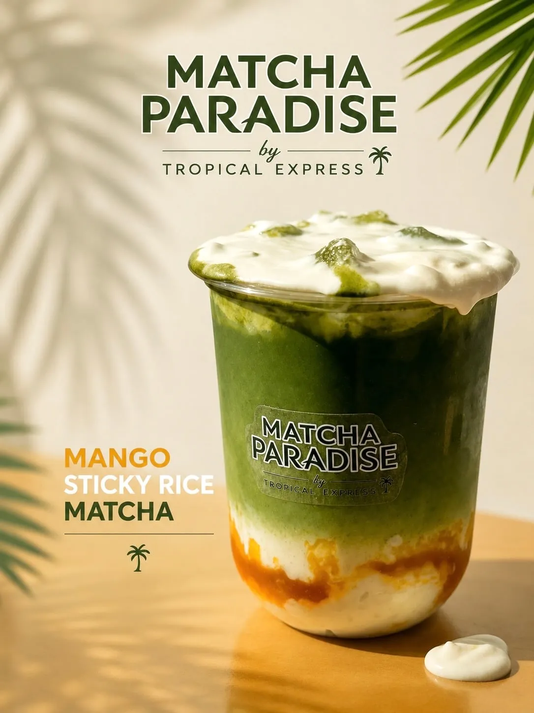 A Matcha Paradise Mango Sticky Rice Matcha: deep green matcha over a golden mango and coconut base, topped with a thick cap of cream, the Matcha Paradise logo printed on the clear cup