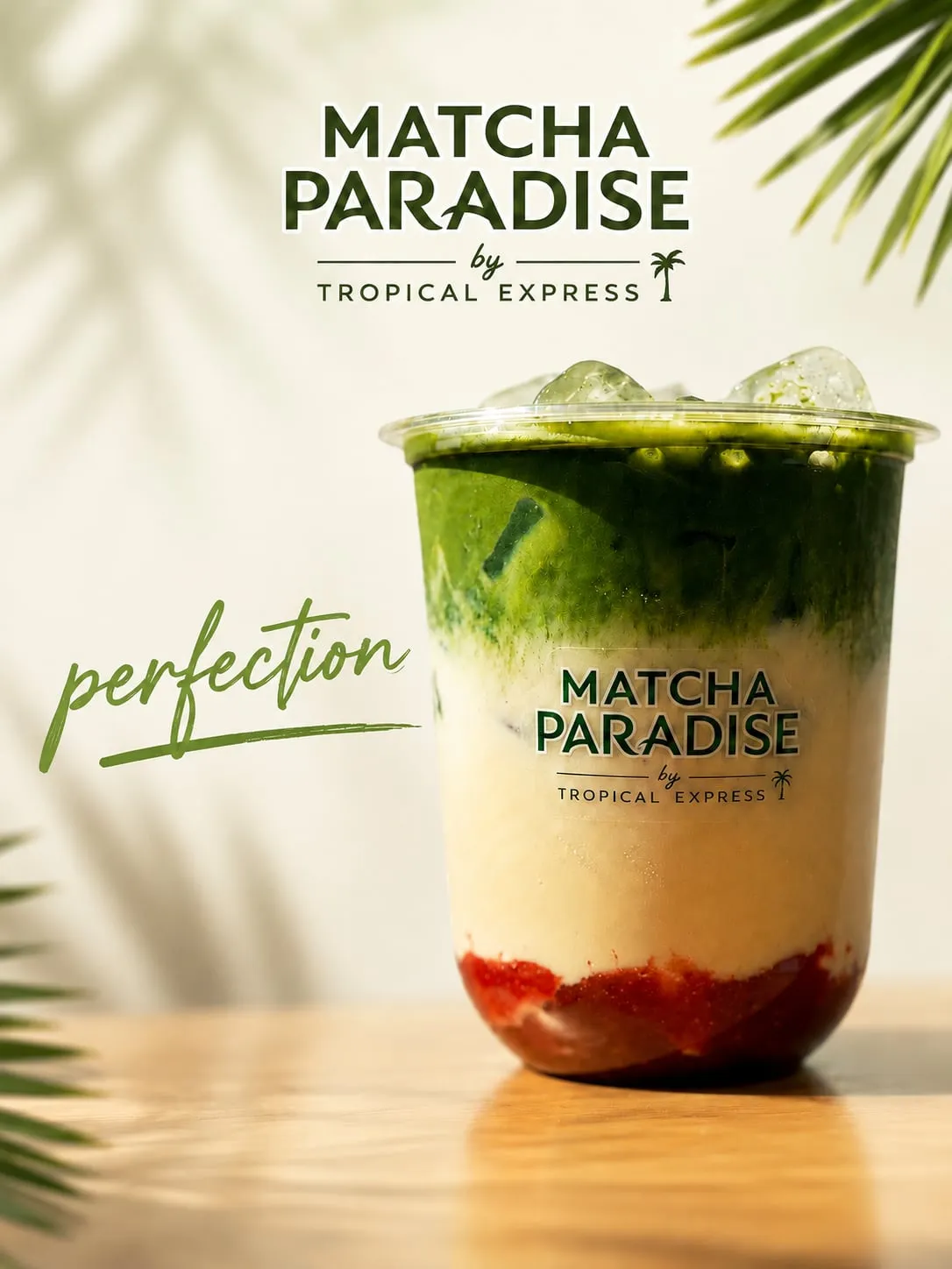 A Matcha Paradise Strawberry Matcha in a clear cup: crushed strawberry at the bottom, a pale cream middle, and bright green matcha over ice on top